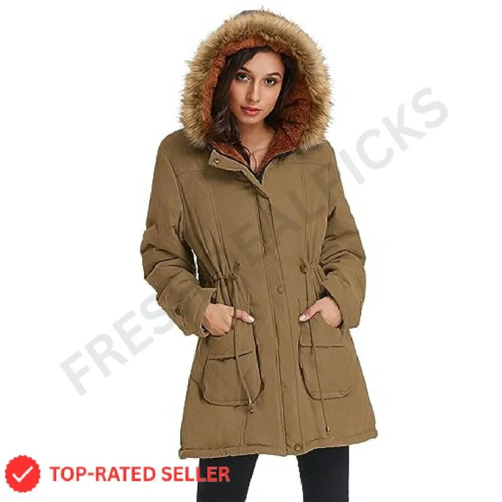 Women's Fleece Lined Parka Jacket Hooded Military Style Winter Coat Warm